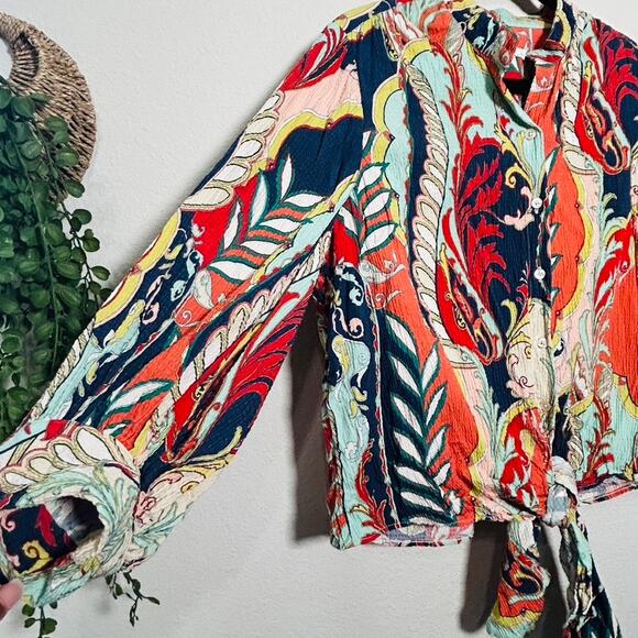 Chico's Tie Front Kimono Heavy Crinkle Gauze Size 8 Med Southwestern Boho Luxe - Picture 5 of 8